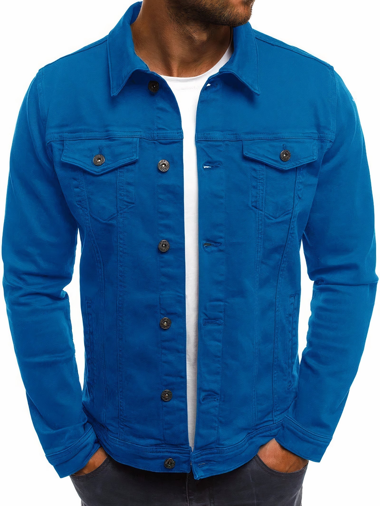 Men's hip-length denim jacket with chest pockets and flaps
