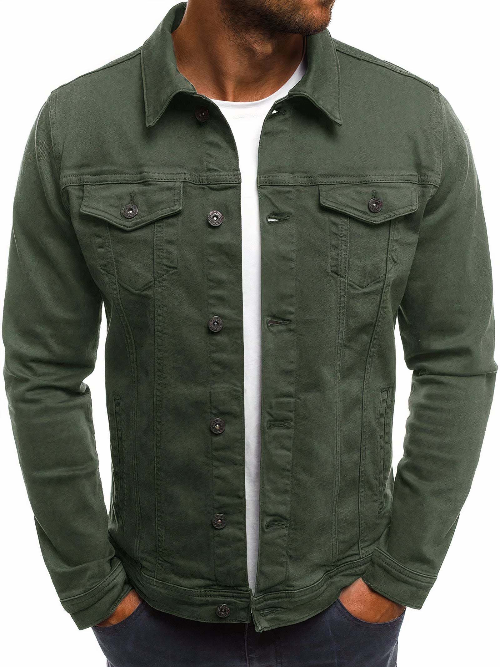 Men's denim jacket with visible seams and straight hem