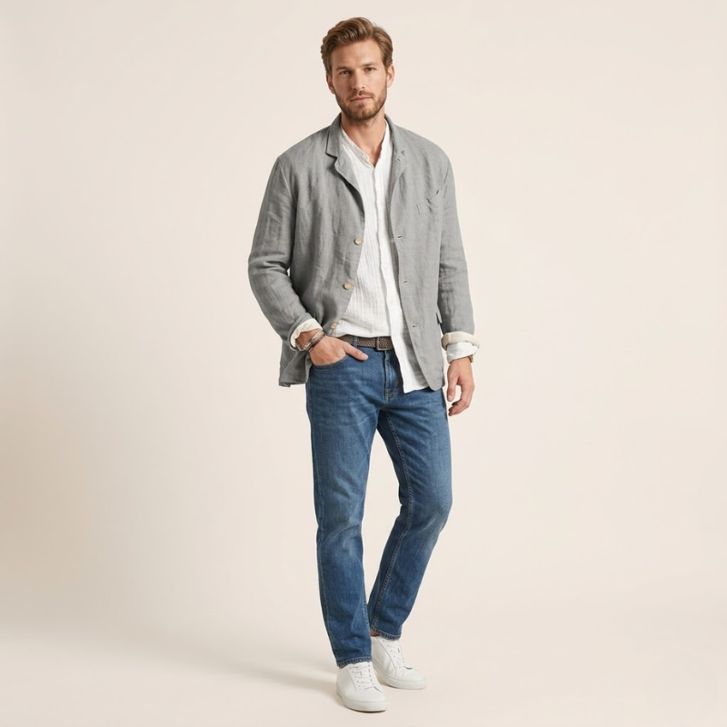 Relaxed-fit men's blazer with long sleeves, straight hem, and unstructured construction