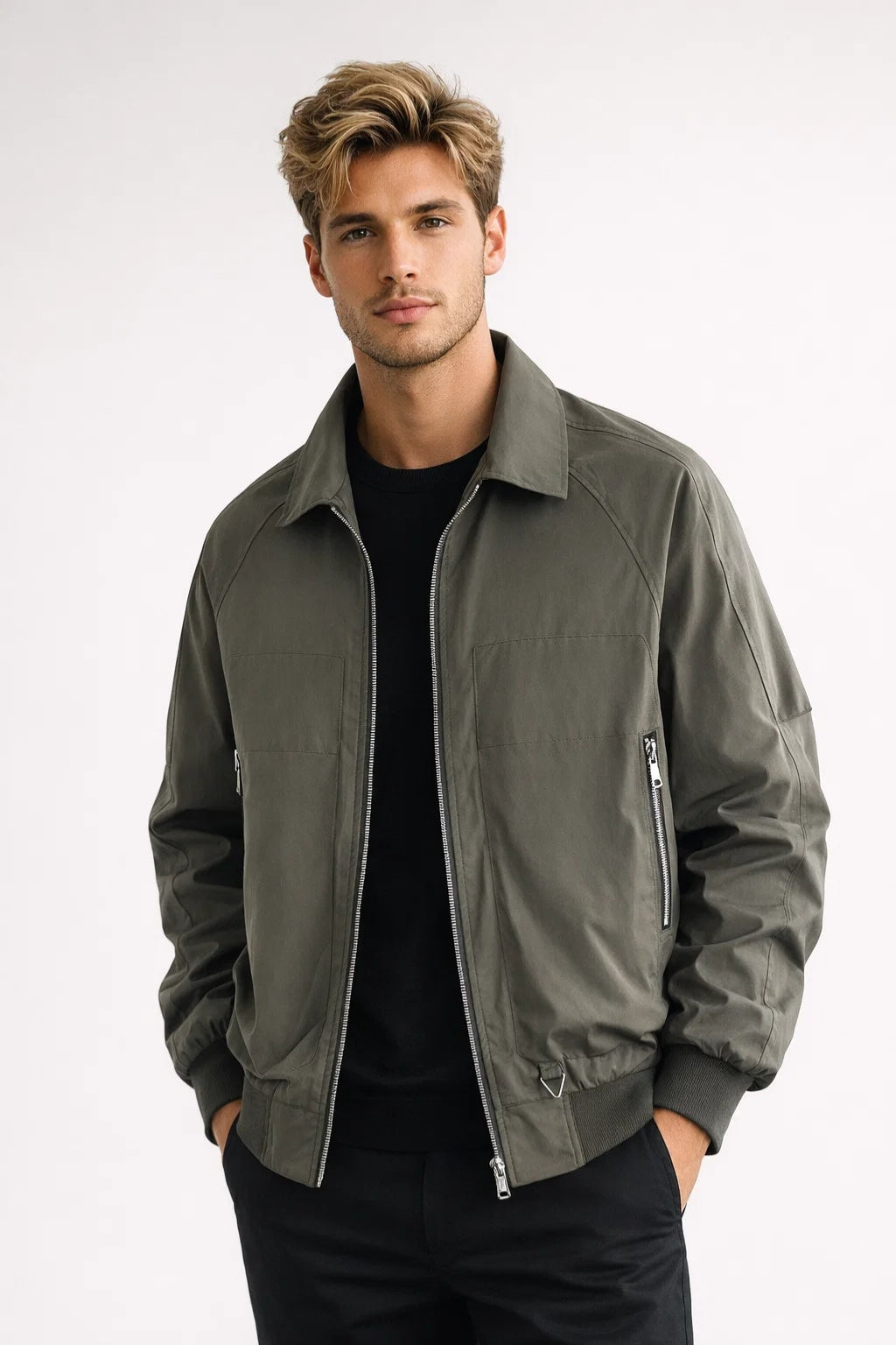 Men's bomber jacket with front zipper, shirt collar, and ribbed cuffs