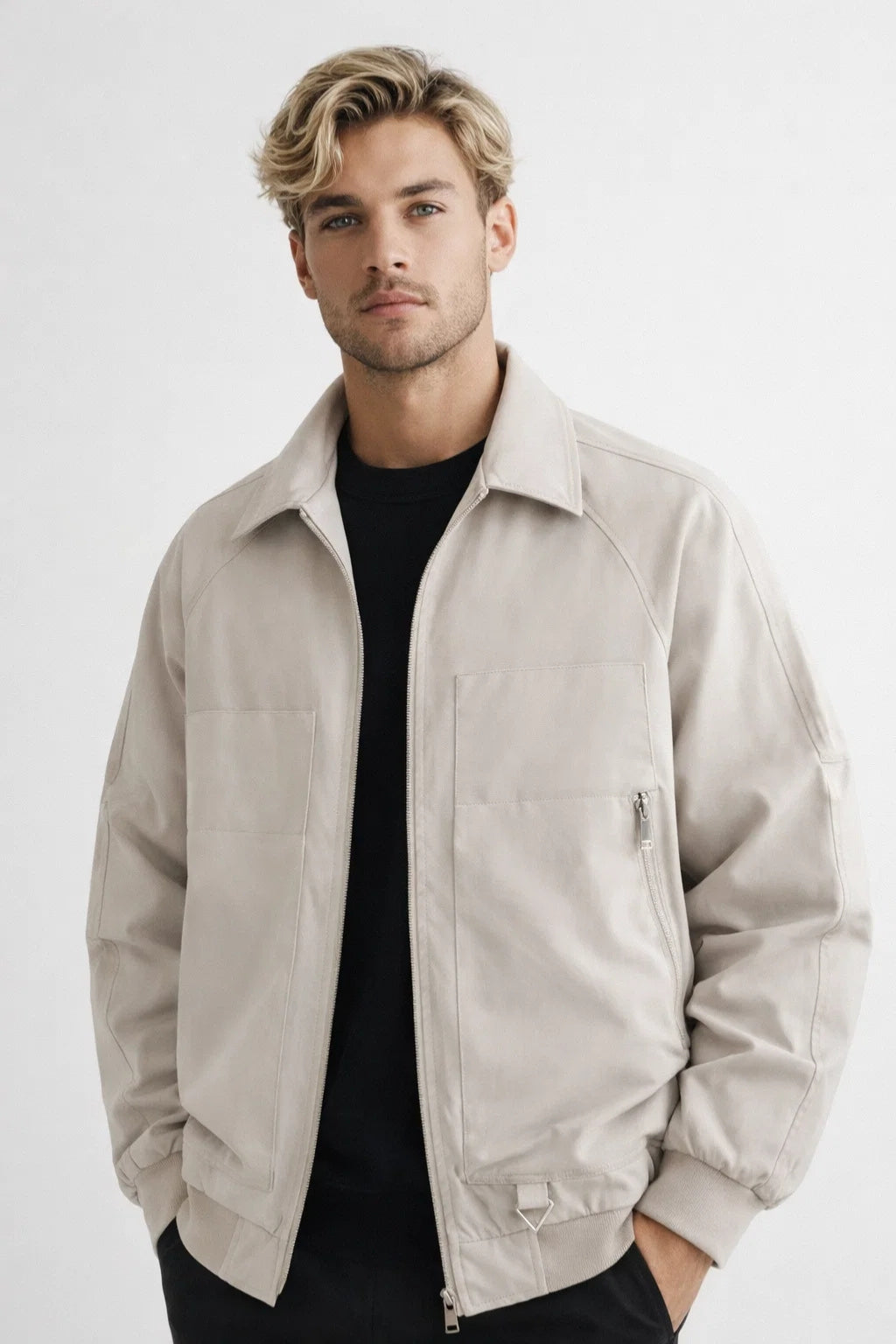 Men's structured bomber jacket with smooth woven fabric and ribbed finishes