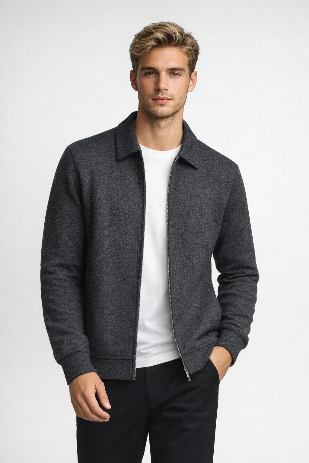 Men's slim-fit jacket with ribbed hem and side pockets for autumn and spring