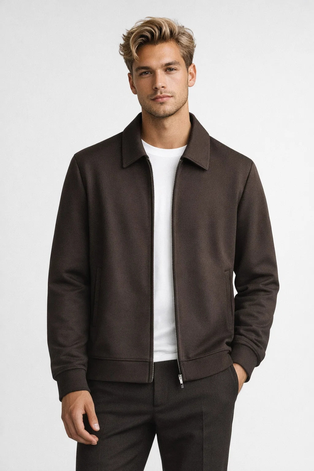 Men's jacket with shirt collar, zipper closure, and smooth woven fabric