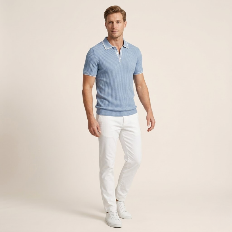 Men's slim-fit ribbed polo shirt with vertical rib-knit texture and straight hem