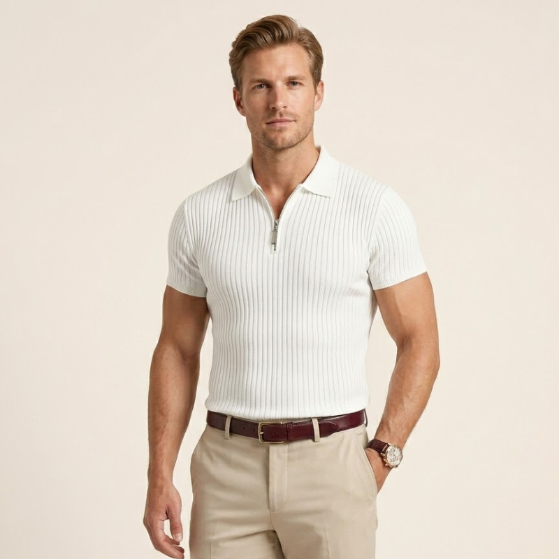 Men's ribbed zip-up polo shirt with short sleeves, classic polo collar, and vertical rib-knit texture