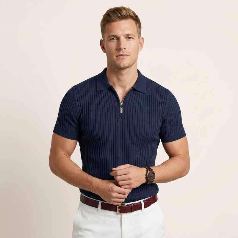 Men's short-sleeve ribbed polo shirt with a straight hem and vertical knit texture