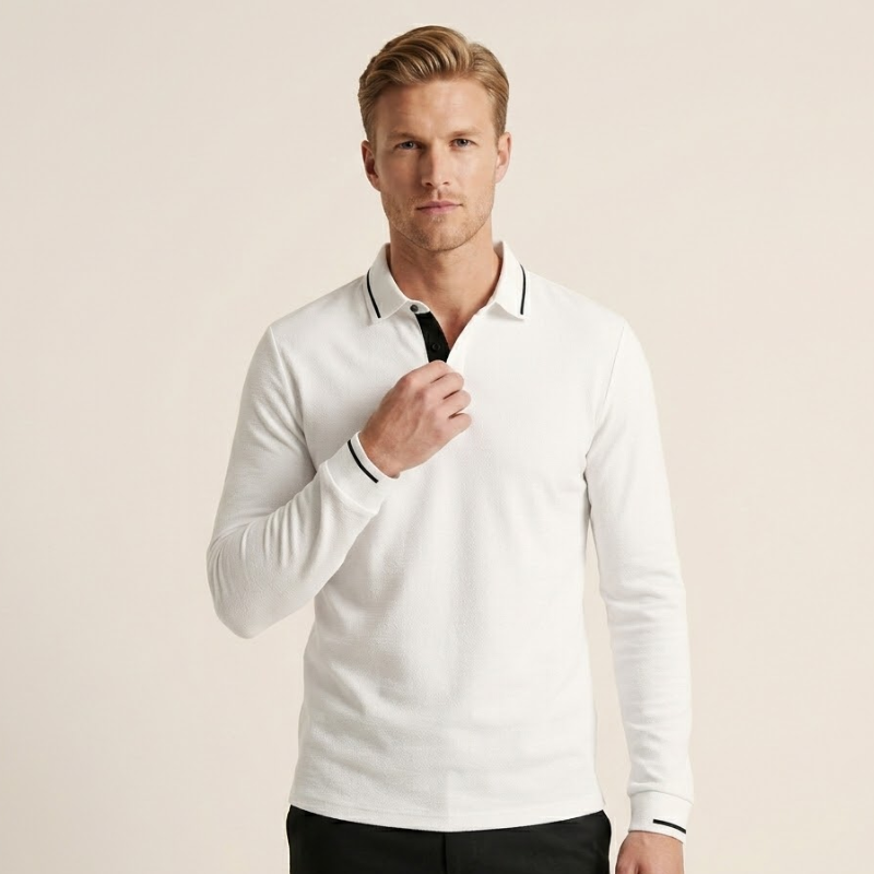 Men's long-sleeved polo shirt with contrast collar and cuff trim