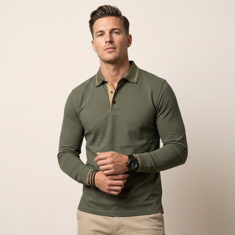 Men's long-sleeved polo shirt with contrast collar trim in army green