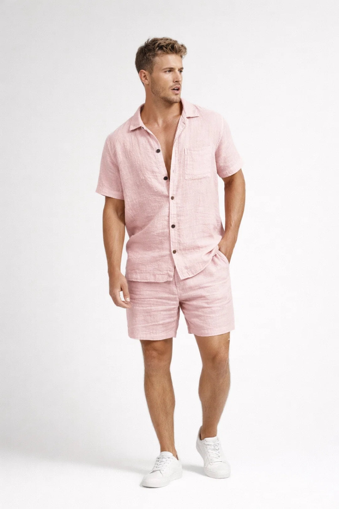 Men's casual linen outfit set with short-sleeved collared shirt and matching elastic waist shorts for spring and summer