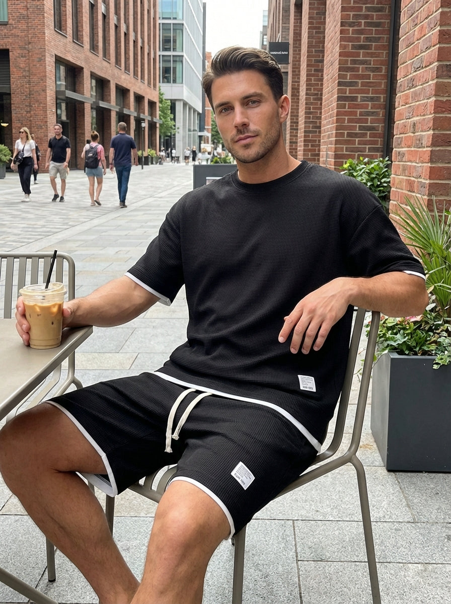 Strukturerat tyg herrset med kortärmad t-shirt och shorts för vardagsbruk