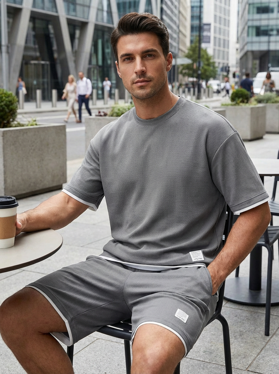 Lätt tyg tvådelat set med t-shirt och knälånga shorts för herr