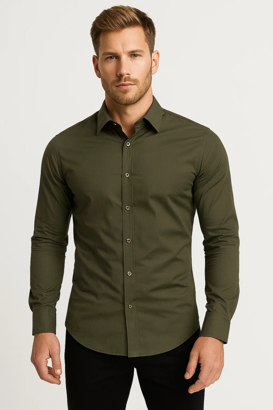 Men's slim fit long sleeve button-up shirt with pointed collar and front button closure