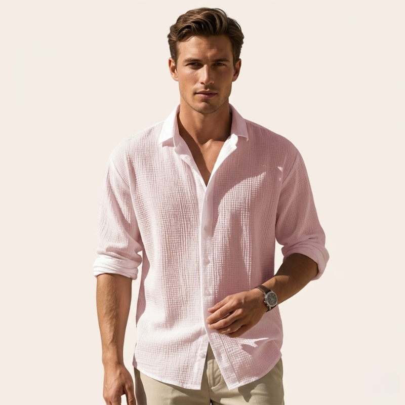 Men's button-up shirt with textured woven fabric, front button closure, and standard length