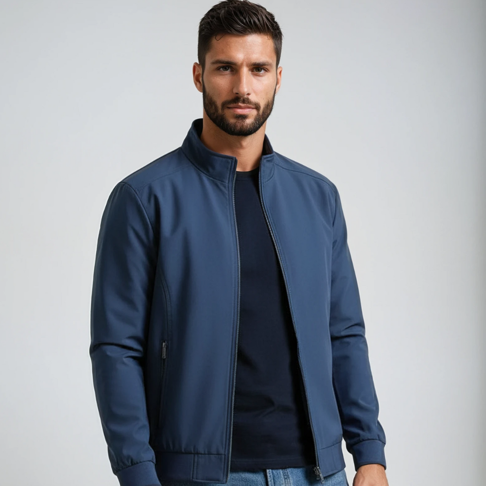Men's woven zip-up jacket with stand-up collar and side zip pockets