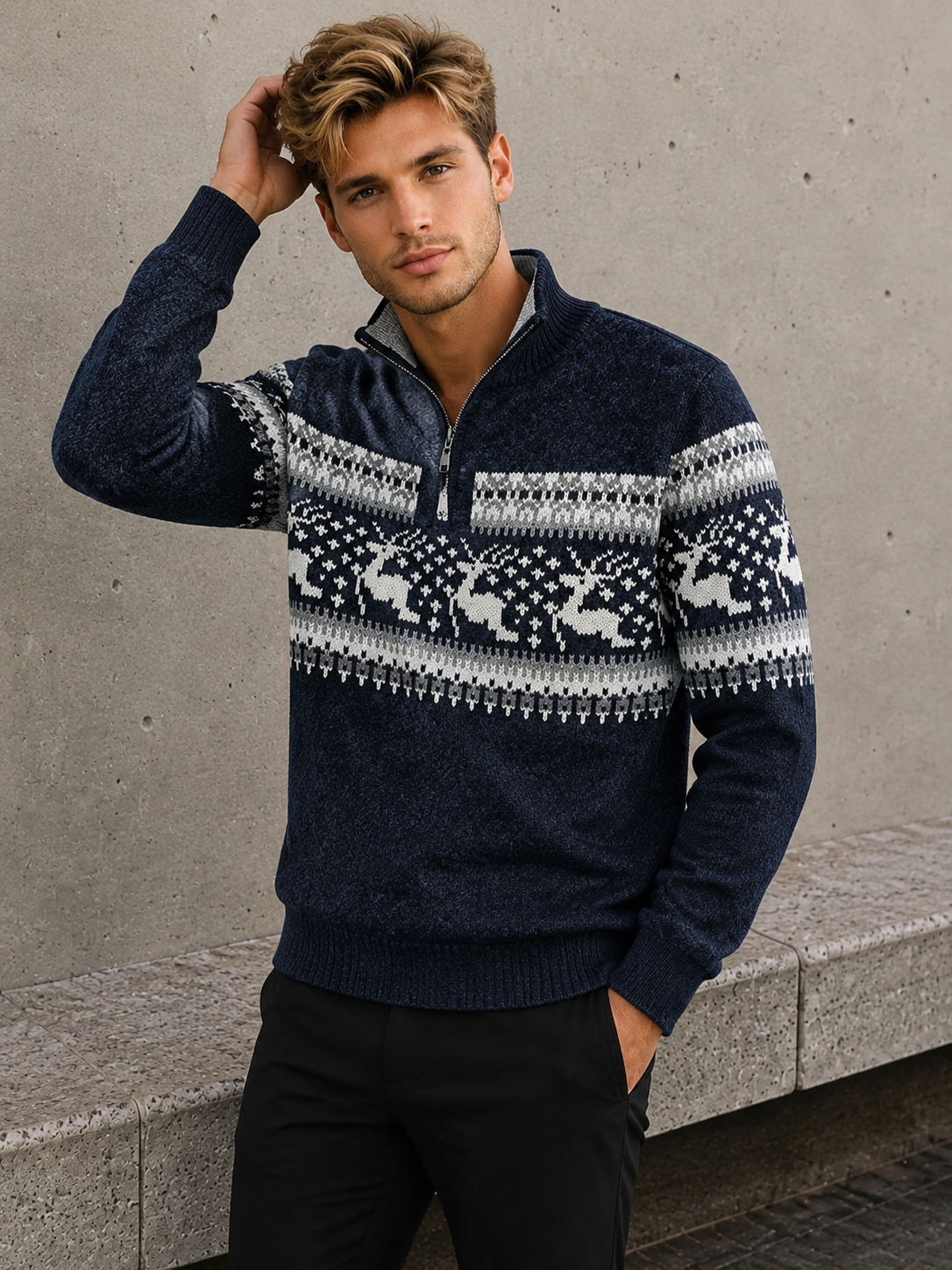 Blue patterned half-zip knit sweater for men