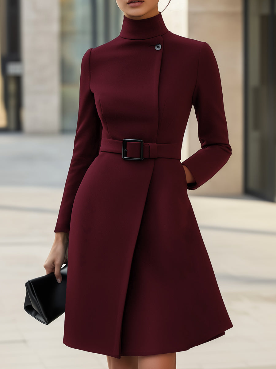 Elegant women's turtleneck dress with belt in a rich tone, long-sleeve structured design