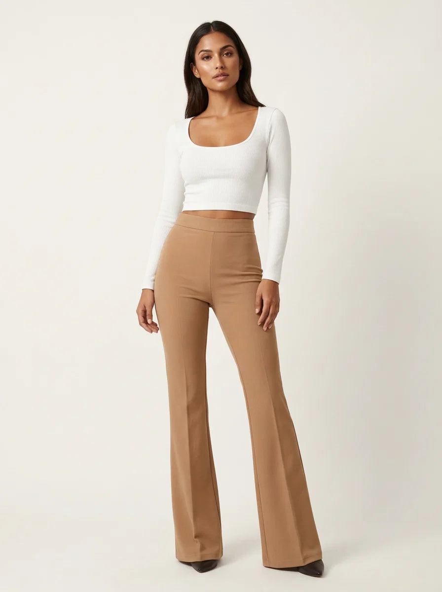 Women's high waisted flared trousers in Khaki front view