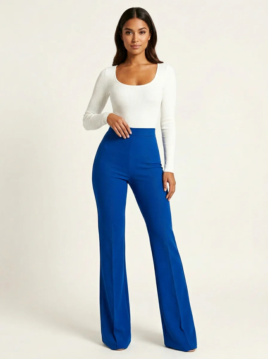 Women's high waisted flared trousers in Blue full length