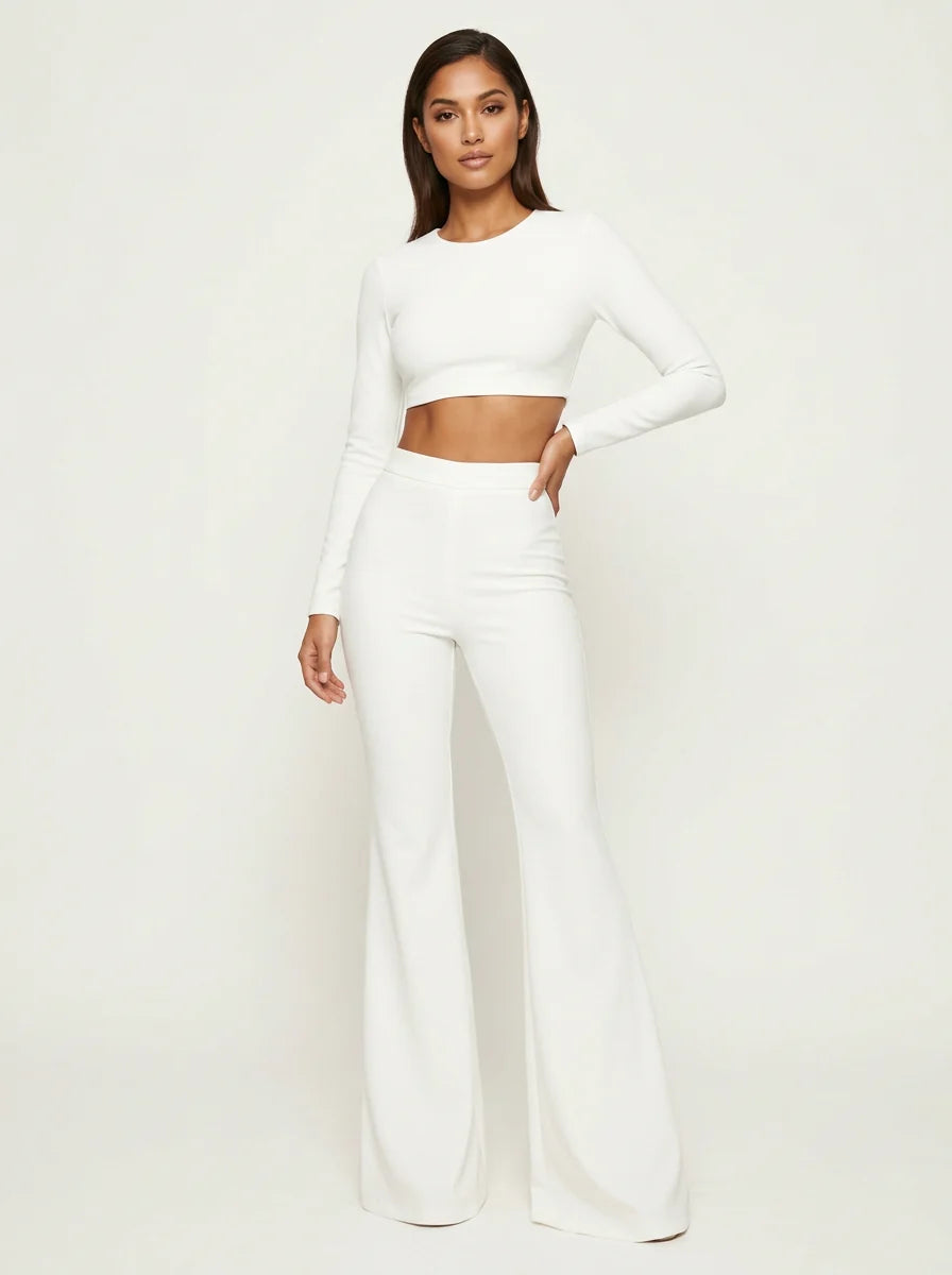 Women's high waisted flared trousers in White full length