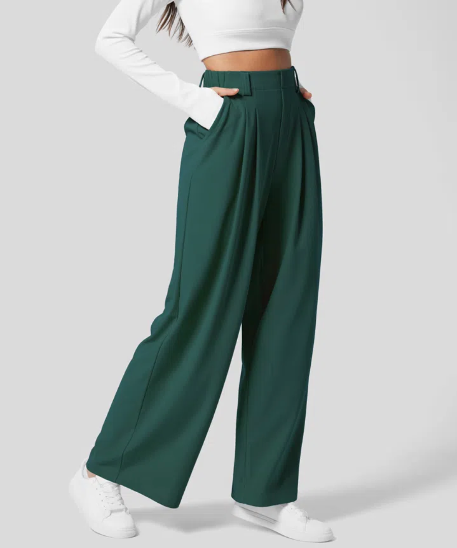 Wide-leg women's trousers in structured woven fabric, relaxed everyday fit