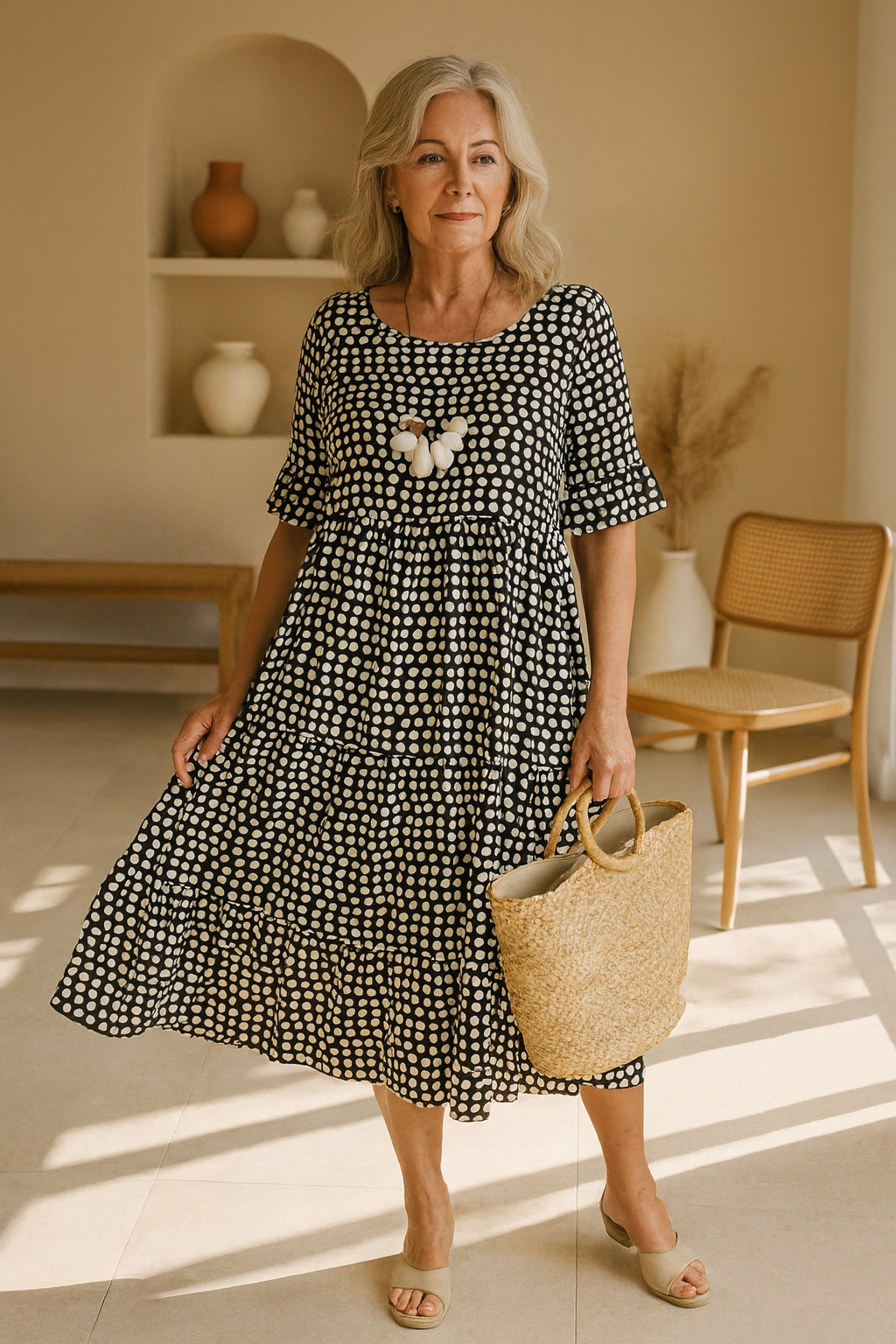 Women's relaxed-fit polka dot midi dress with ruffled skirt and elbow-length sleeves