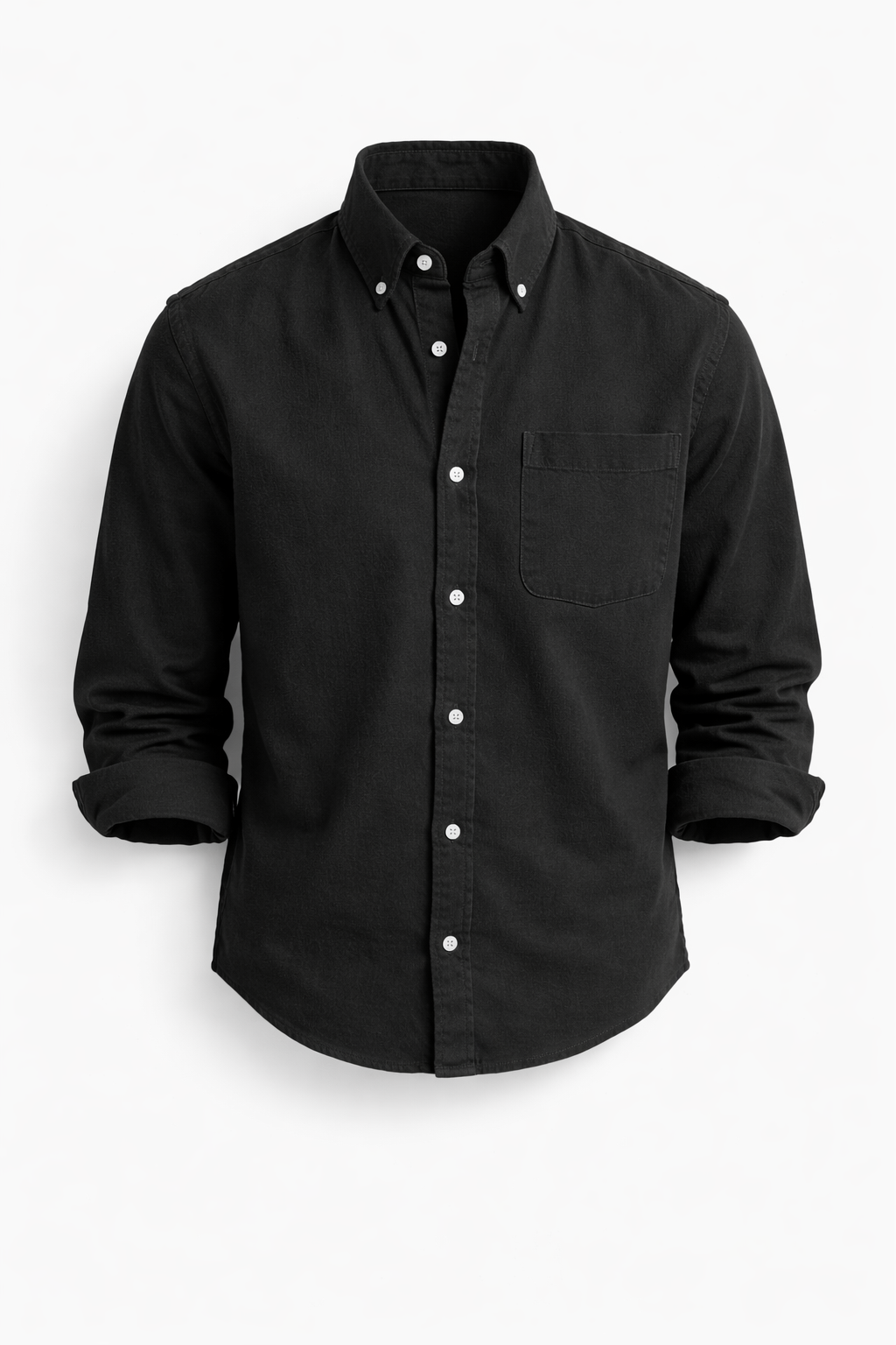 Men's straight-silhouette denim shirt with front buttons, chest pocket, and hip-length hem