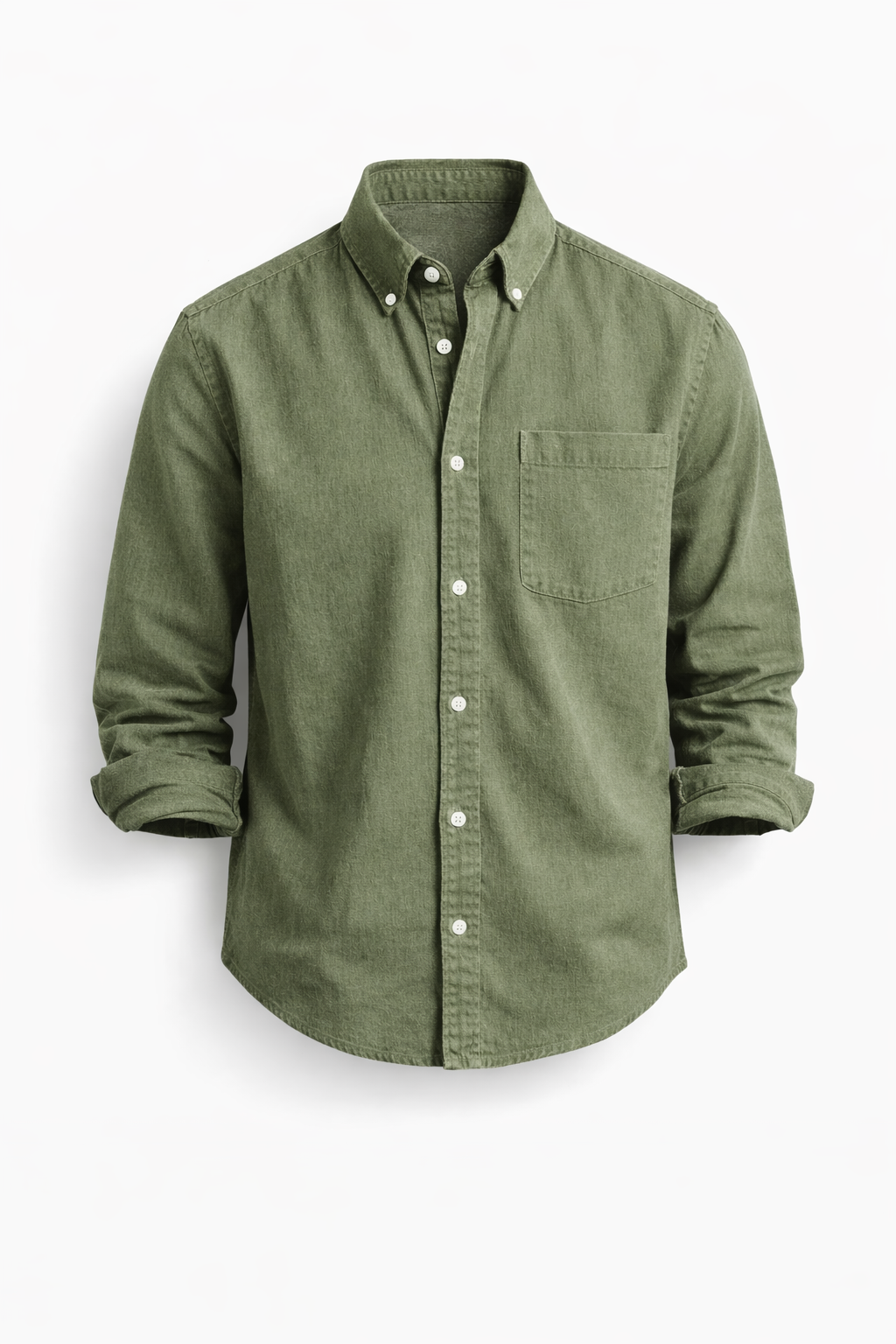 Men's regular-fit denim shirt with long sleeves, button cuffs, and a rounded hip-length hem