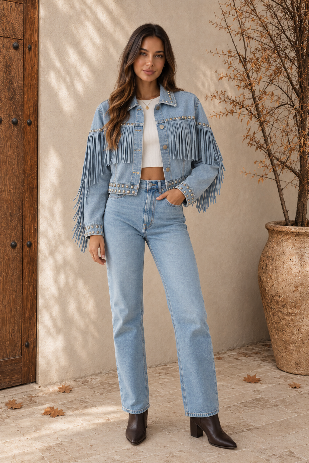 Women wearing light blue fringe denim jacket