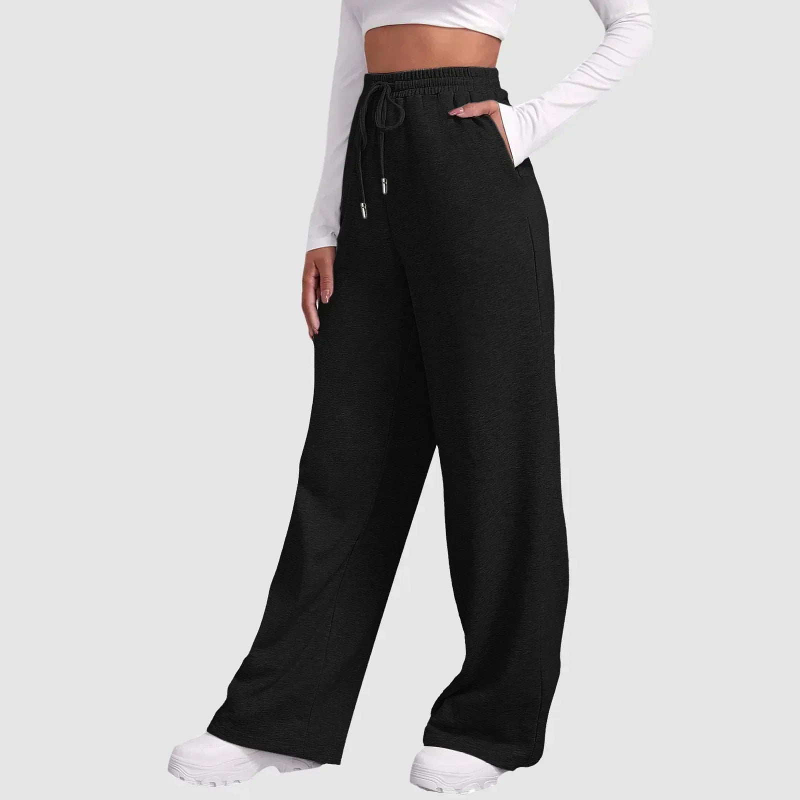 Women's wide-leg trousers in woven textile with elastic drawstring waistband and side pockets