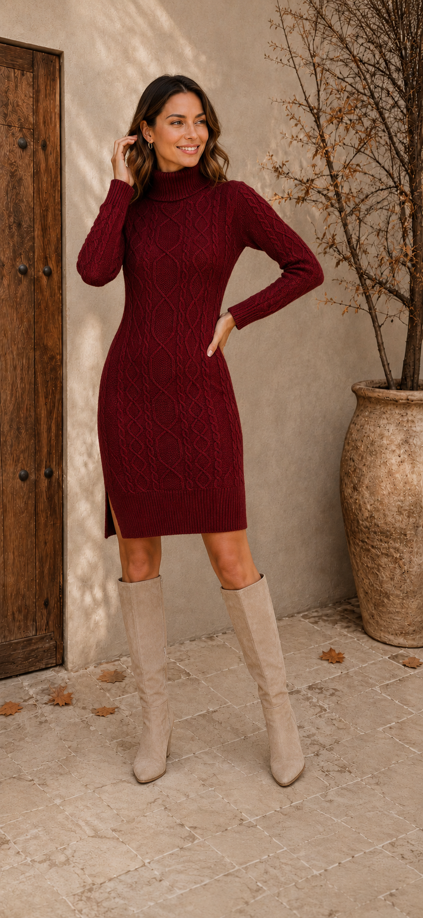 Women's Red cable knit turtleneck dress back view