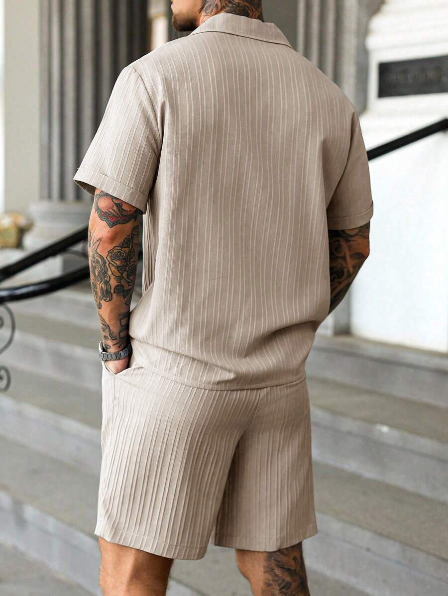 Men's coordinated shirt and shorts set with textured fabric and elastic waistband shorts