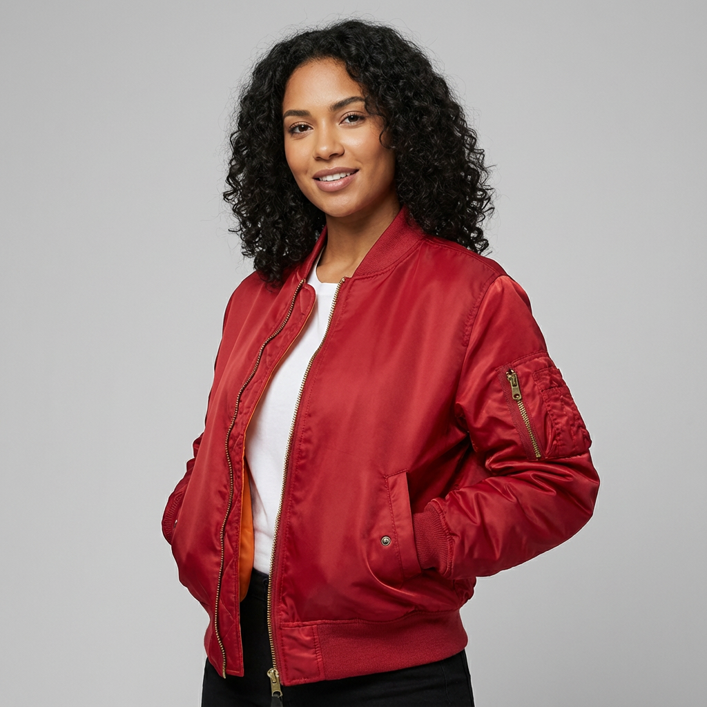 Women's bomber jacket with front zipper, ribbed collar, and zippered sleeve utility pocket