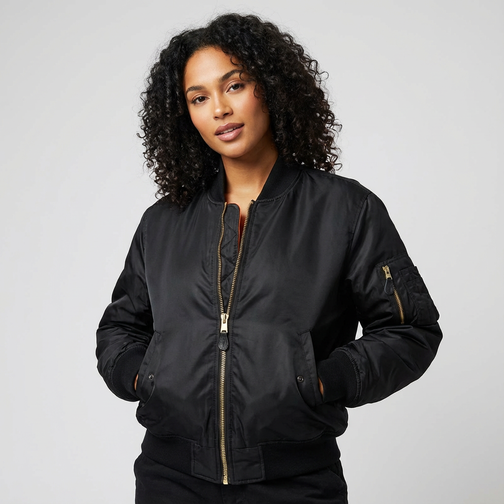 Women's bomber jacket featuring panel construction and ribbed hem with front zipper closure