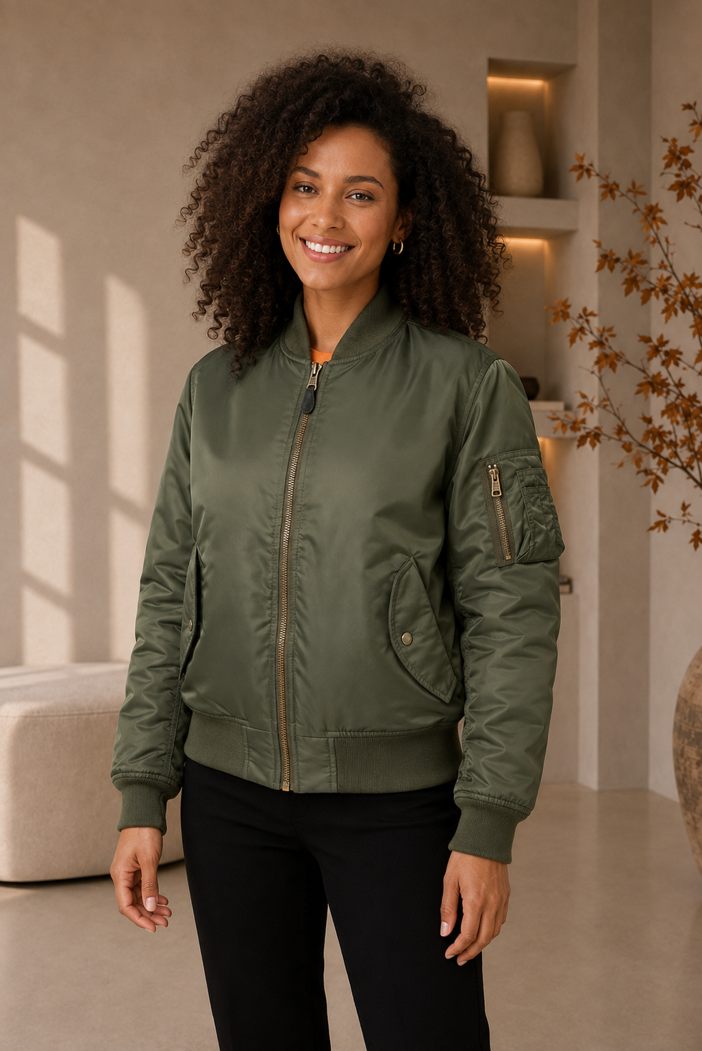 Women's bomber jacket with zippered front closure, ribbed trims, and utility sleeve pocket