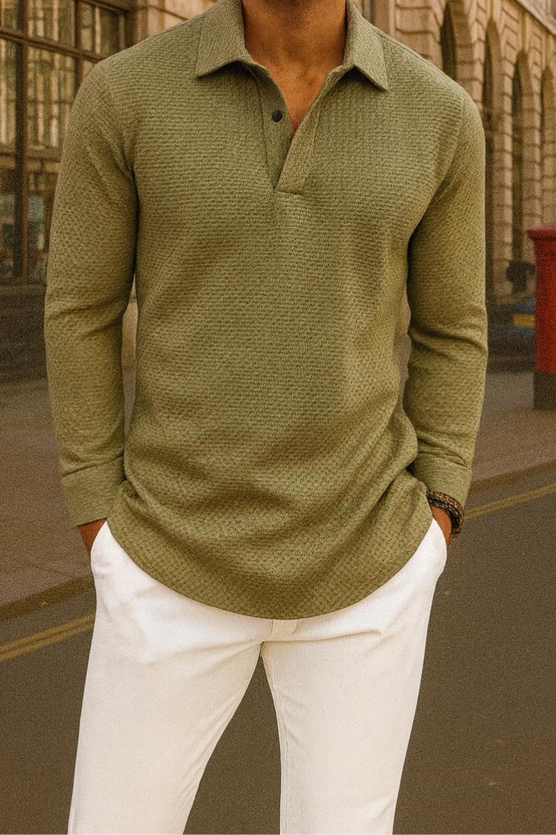 Långärmad tröja i bomullsblandning med pikékrage och normal passform