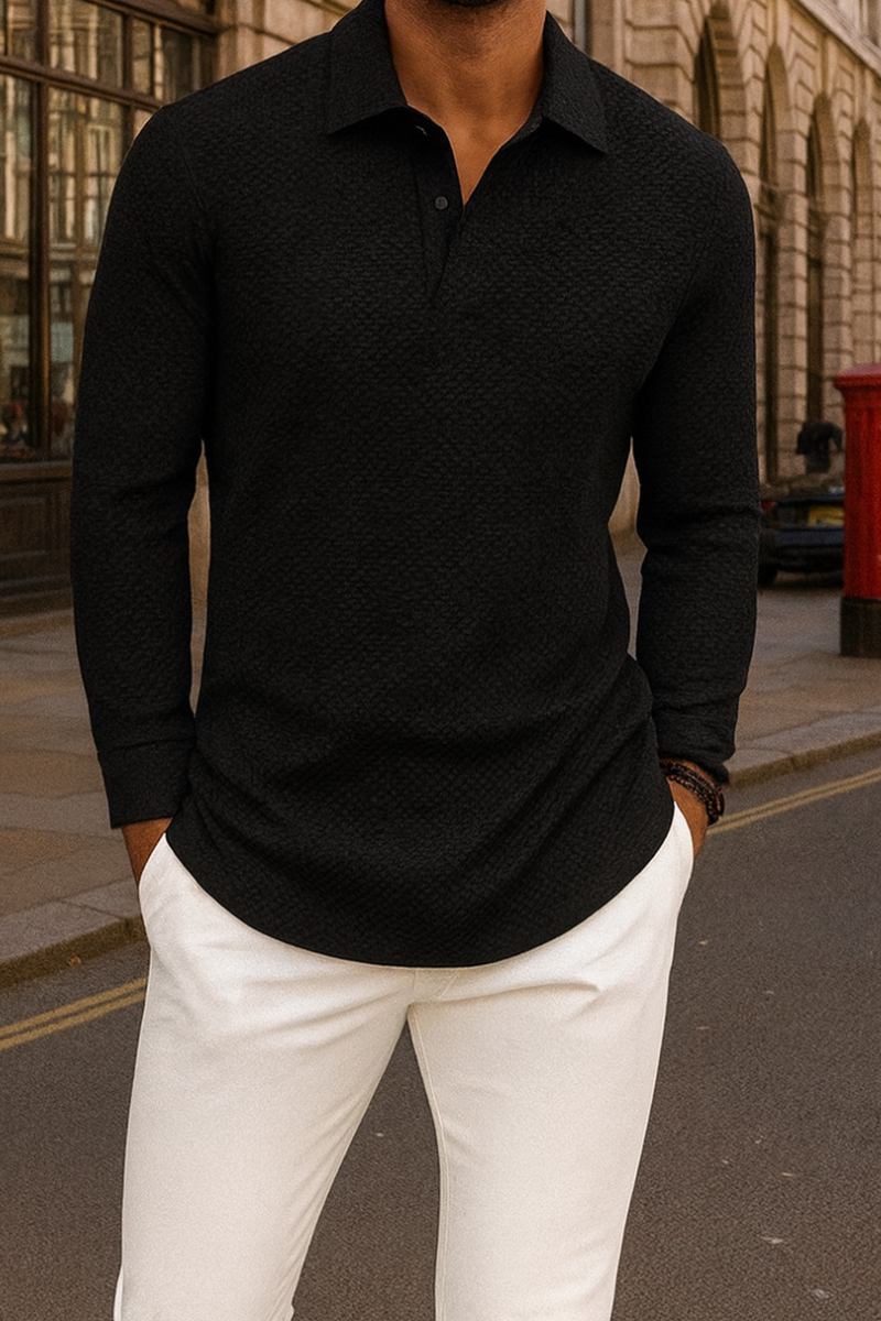 Men's regular fit long-sleeved polo shirt in textured cotton-blend material