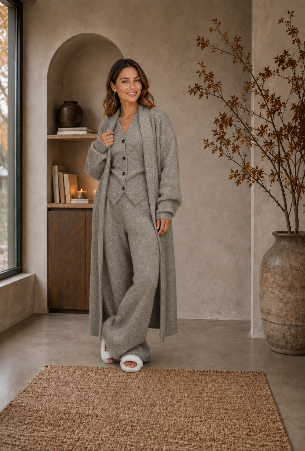 Women’s light brown knitted three-piece matching set with cardigan, vest and wide-leg pants