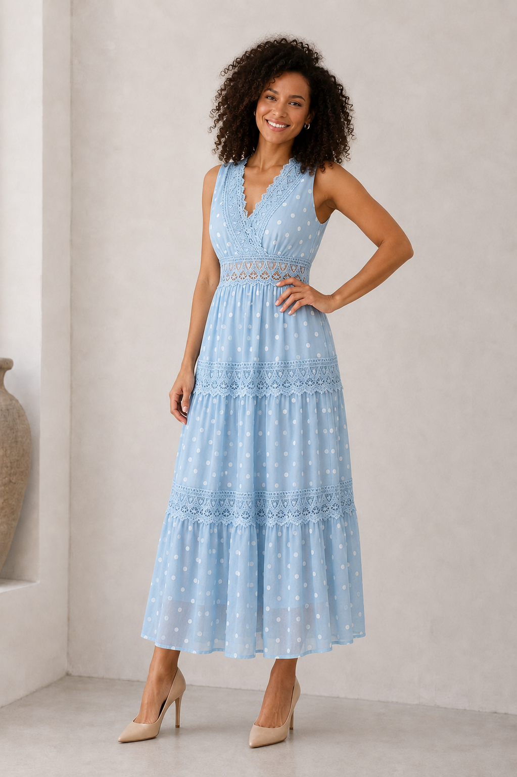 Women's blue lace detail midi dress