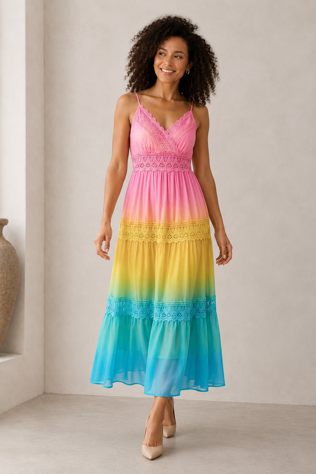Women's multicolored lace detail midi dress