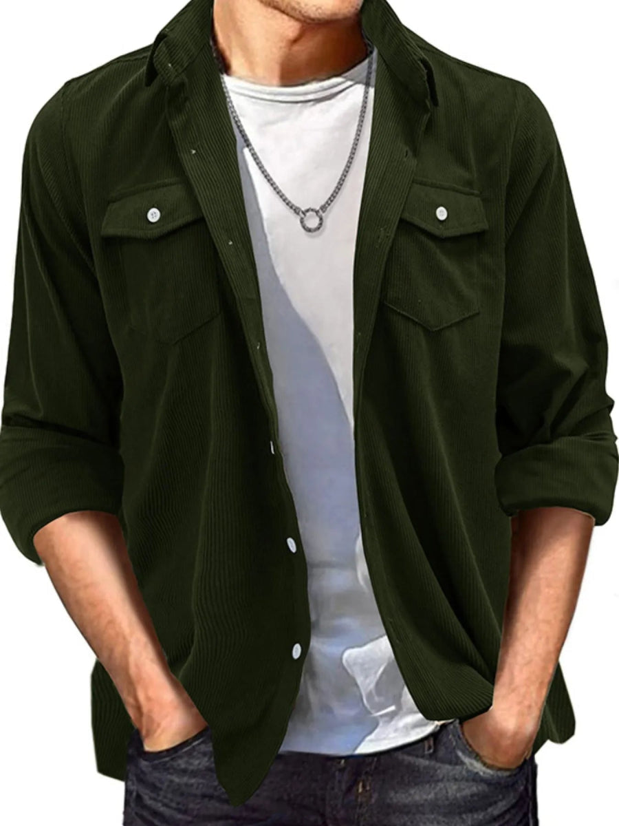 Men's relaxed overshirt styled over a t-shirt with dual chest pockets visible