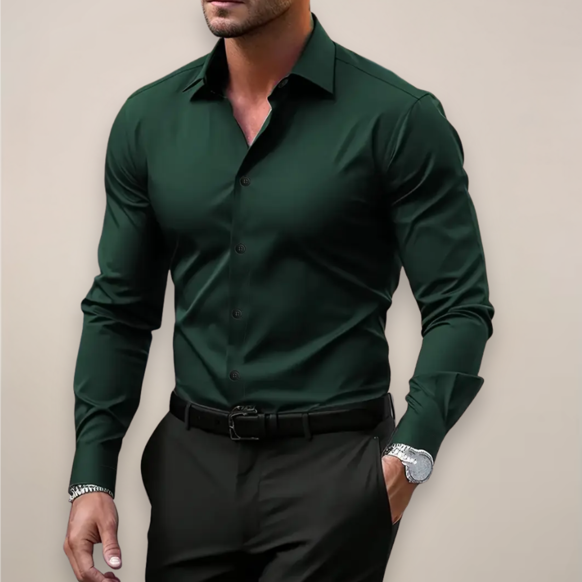 Men's formal button-up shirt with tailored silhouette and rounded hem
