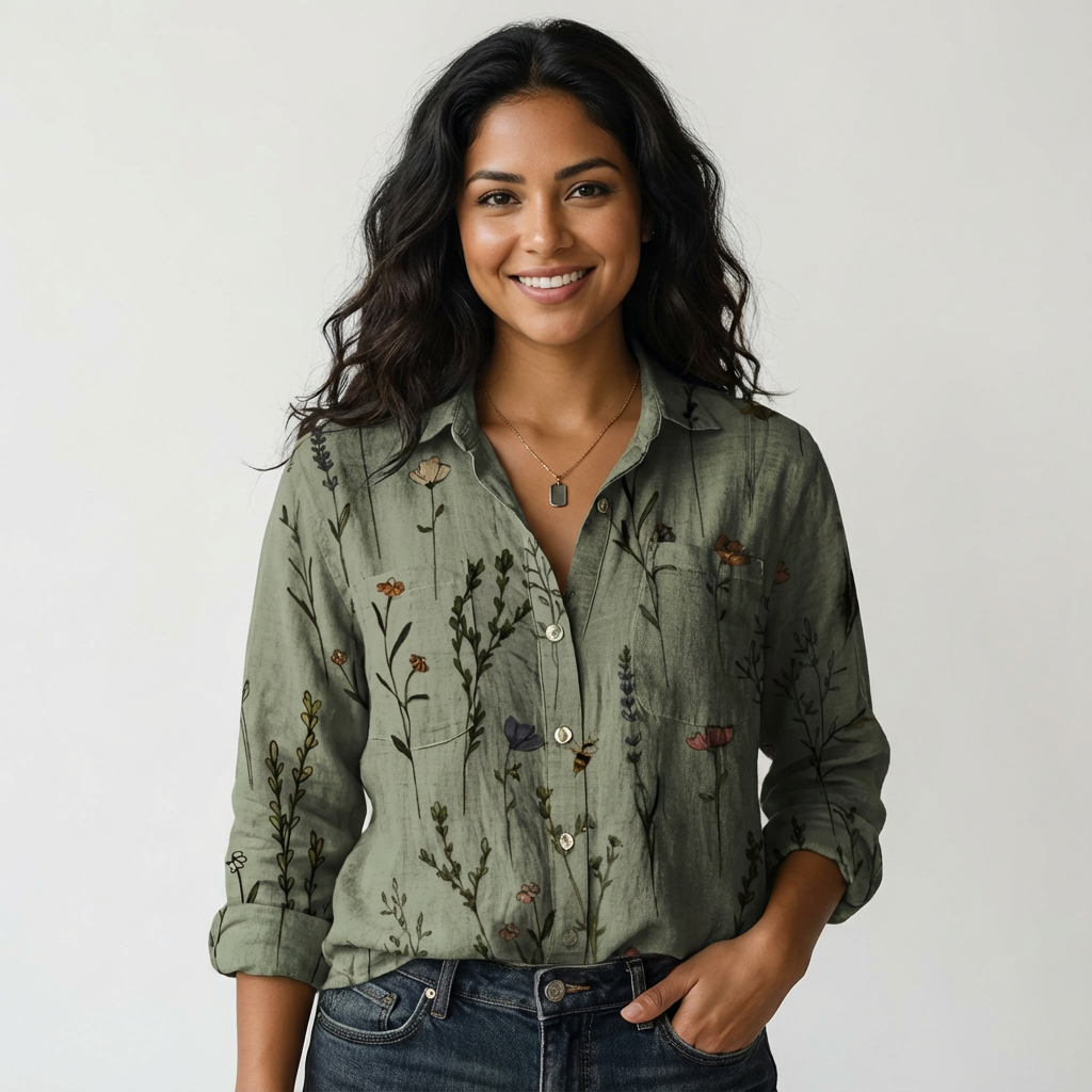 Patterned women's button-up blouse with long sleeves and rounded hem