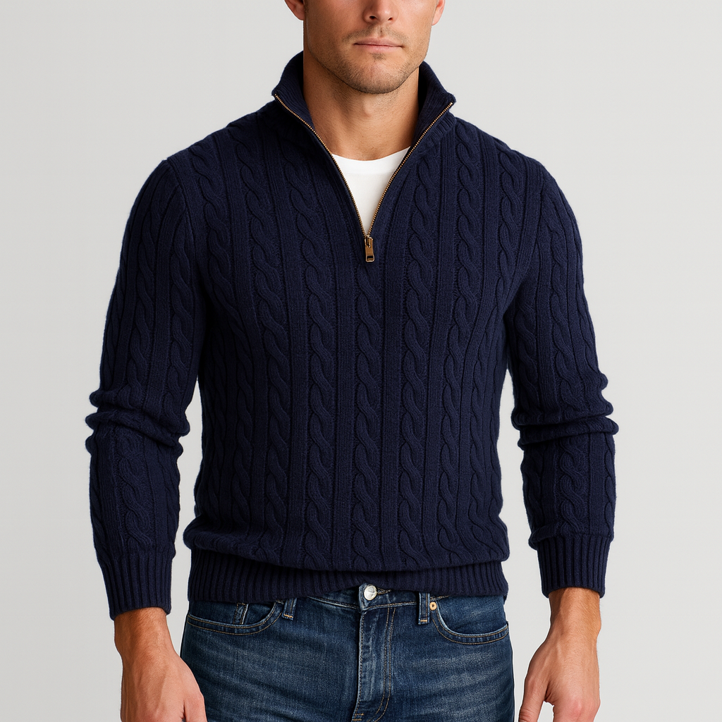 Cable-knit men's sweater with quarter-zip and stand collar in a deep classic tone