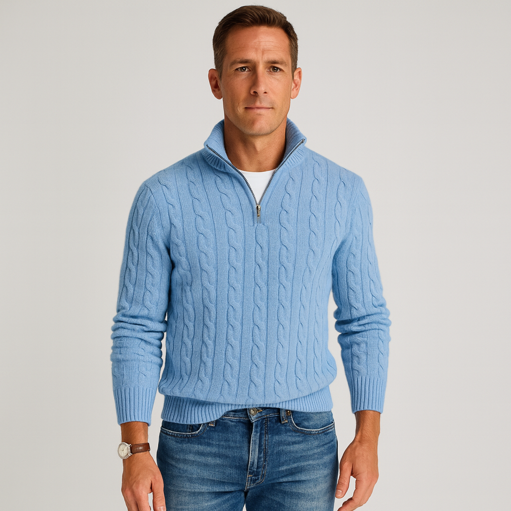 Cable-knit quarter-zip sweater for men in a light pastel tone with structured knit surface