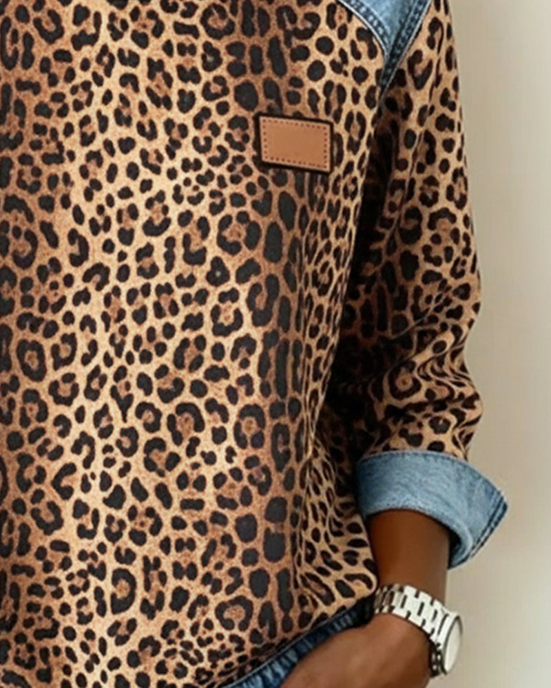 Women's relaxed-fit leopard print top with rolled-up cuff long sleeves