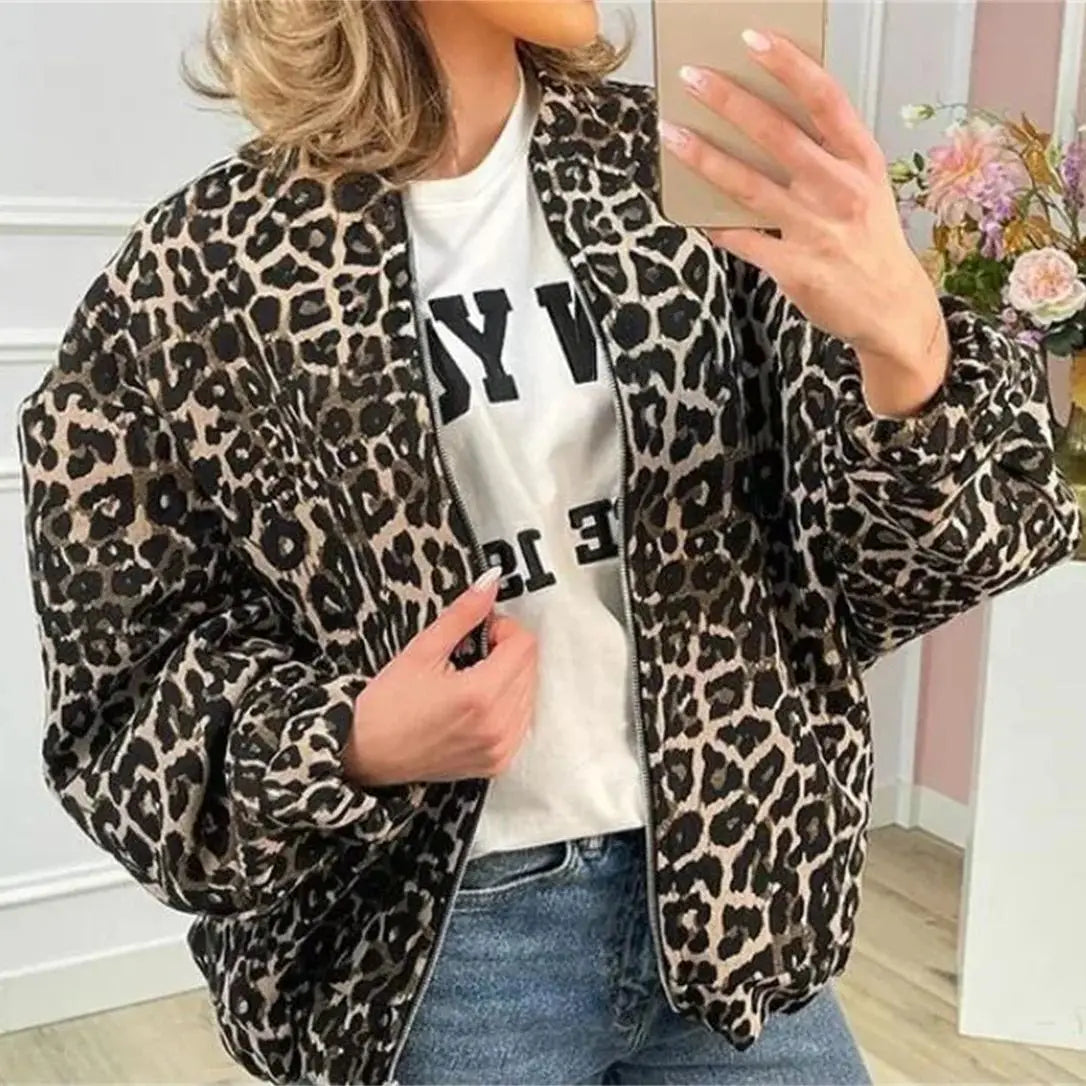 Women's leopard jacket zipper closure and elastic hem detail