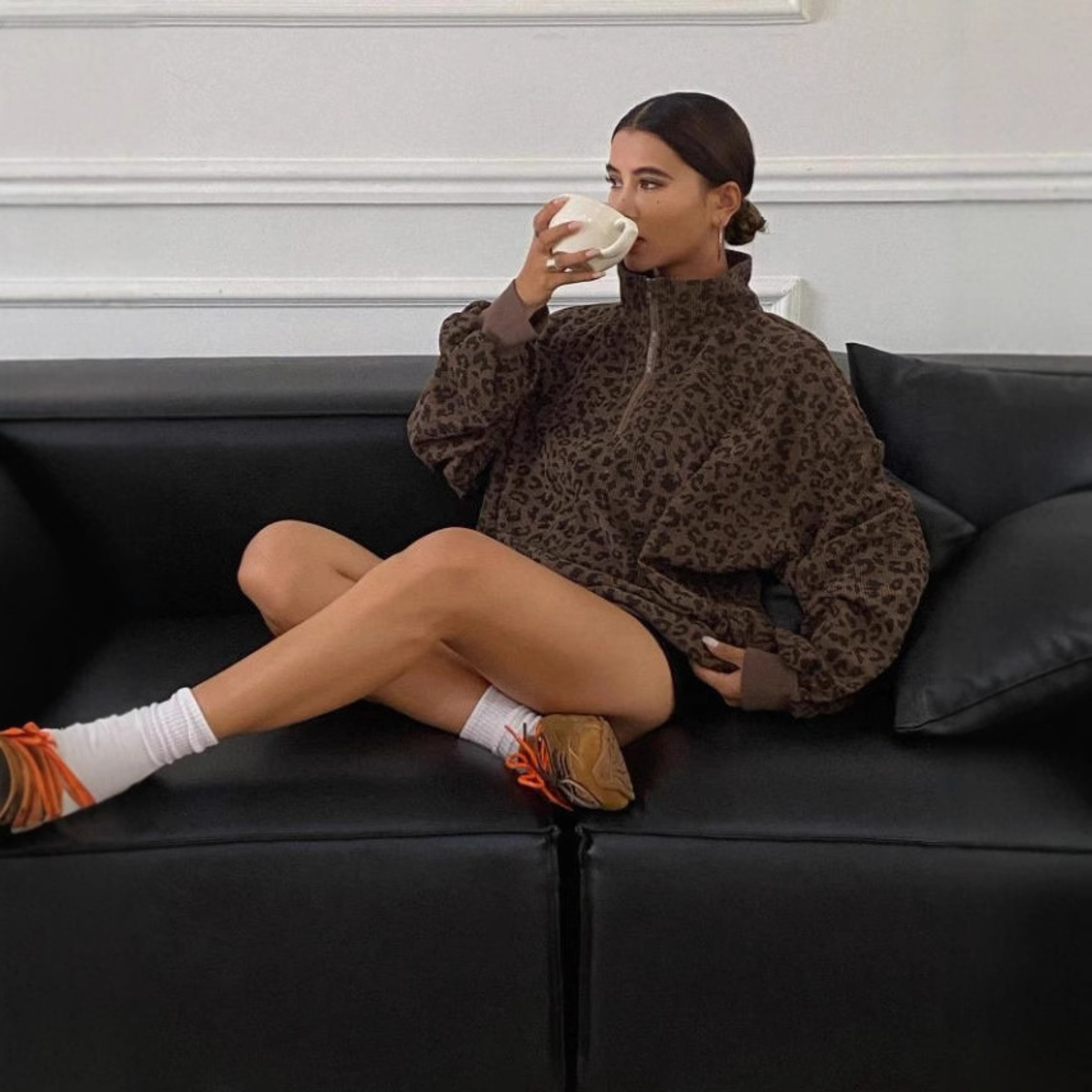 Fleecetröja med ribbstickning och dragkedja leopardmönstrad dam