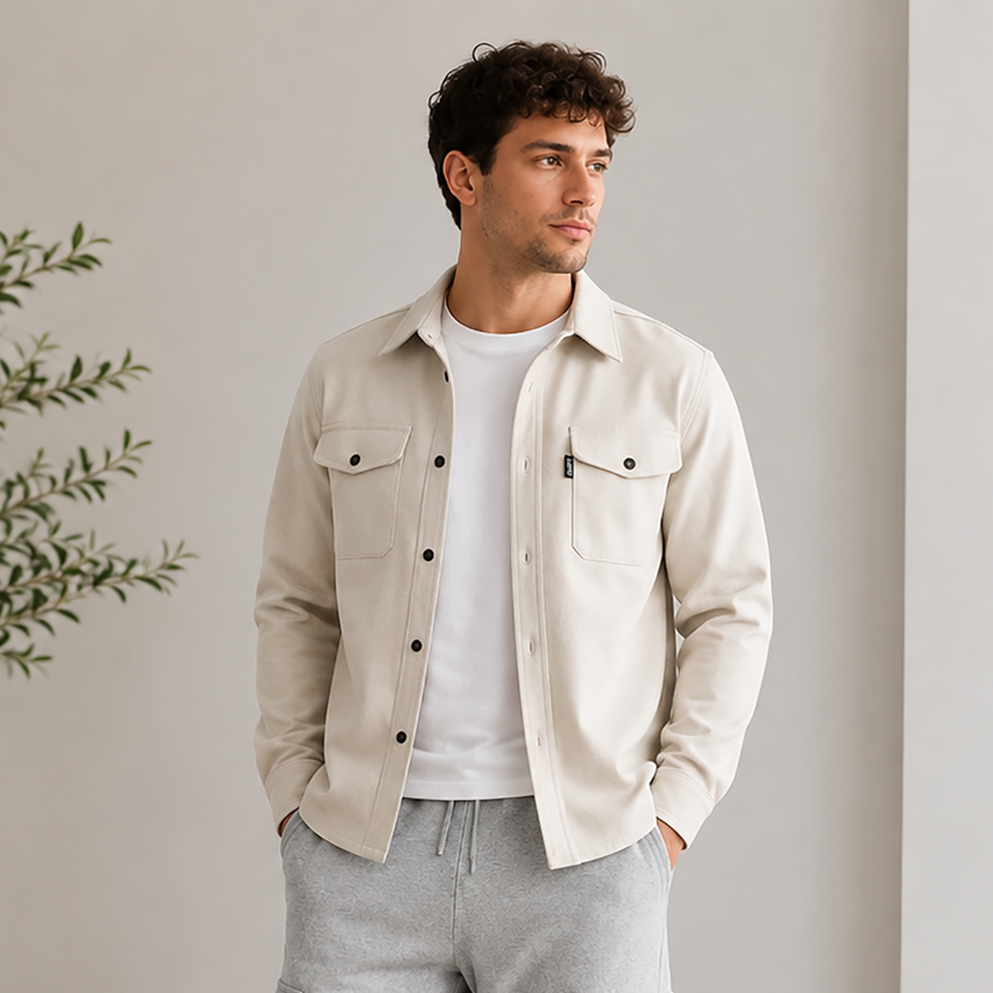 Men's regular fit overshirt with front button closure, flap chest pockets, and straight hem