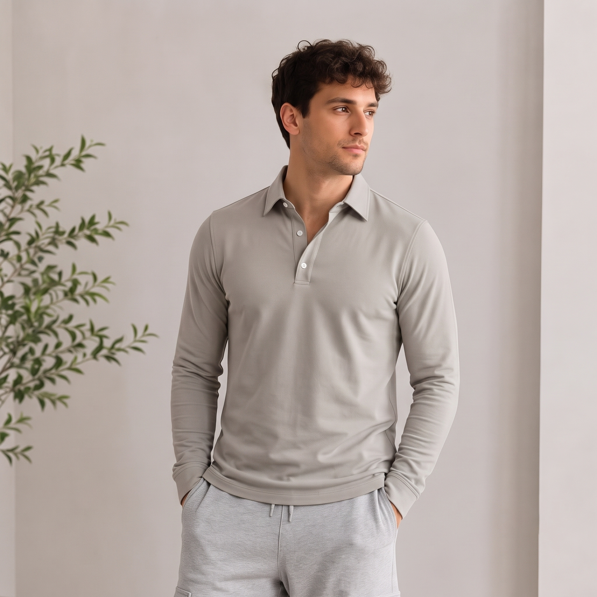 Men's long-sleeved polo shirt with clean seams and regular fit construction