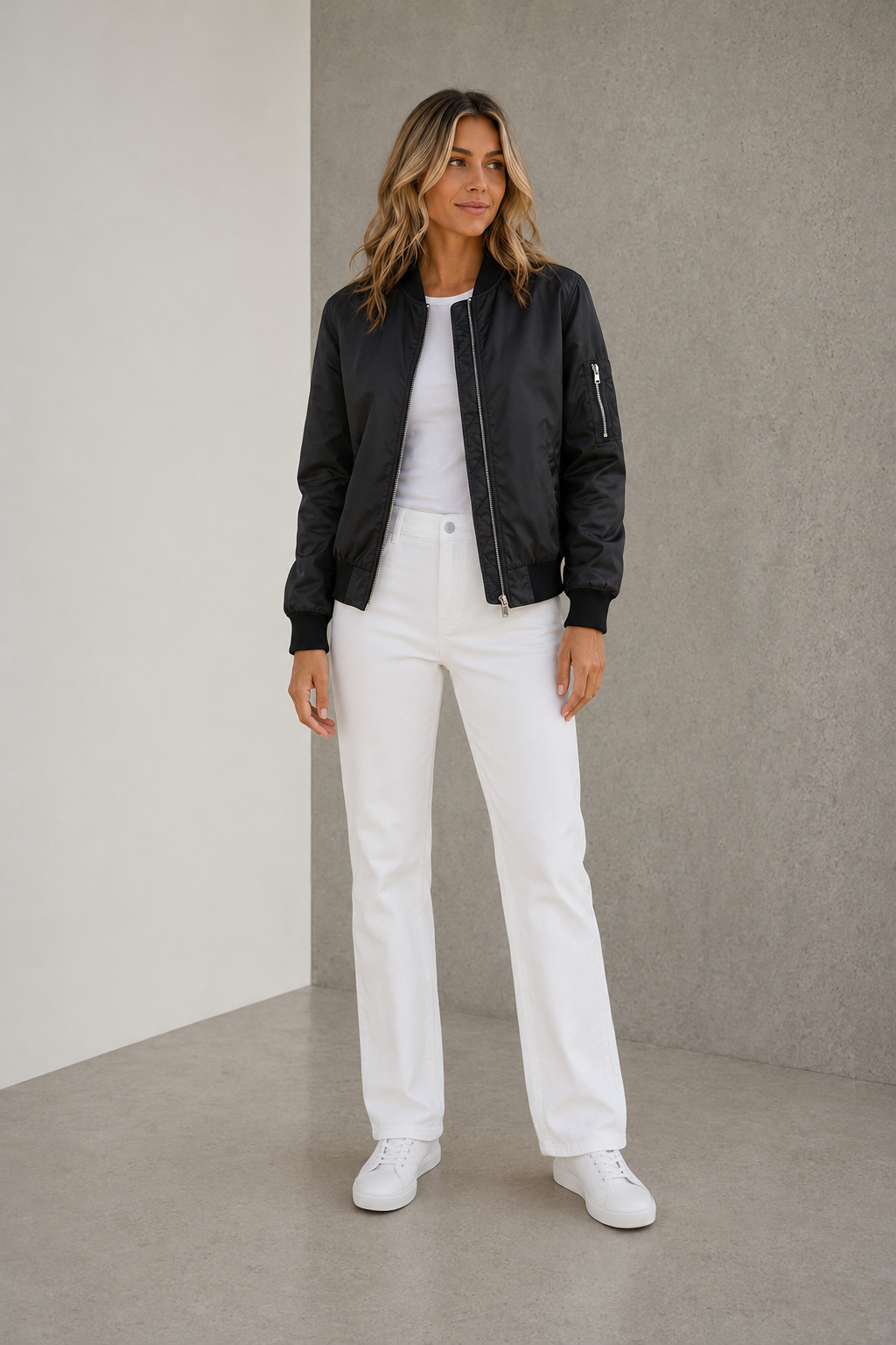 Lightweight zip bomber jacket with ribbed collar